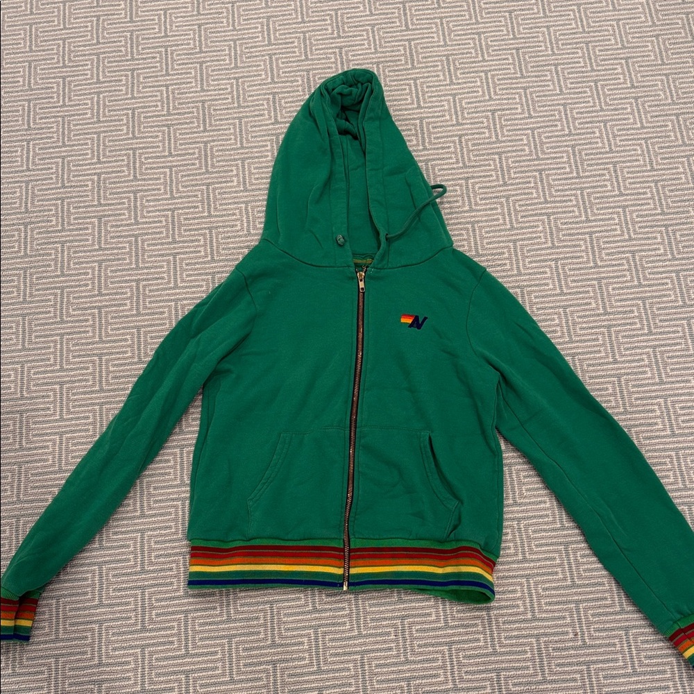 Green aviator nation Hoodie with Rainbow Trim
